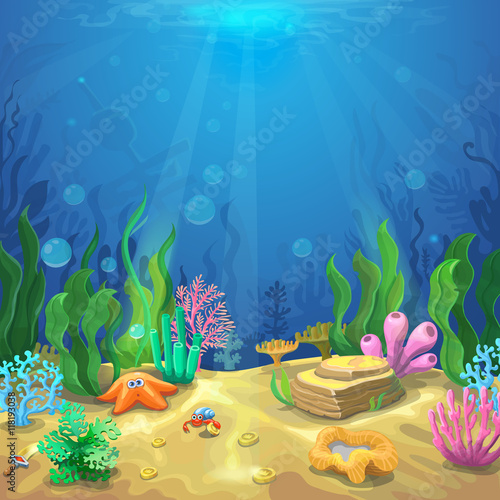Underwater landscape. The ocean and the undersea world with different inhabitants, corals and starfish, marine life vector