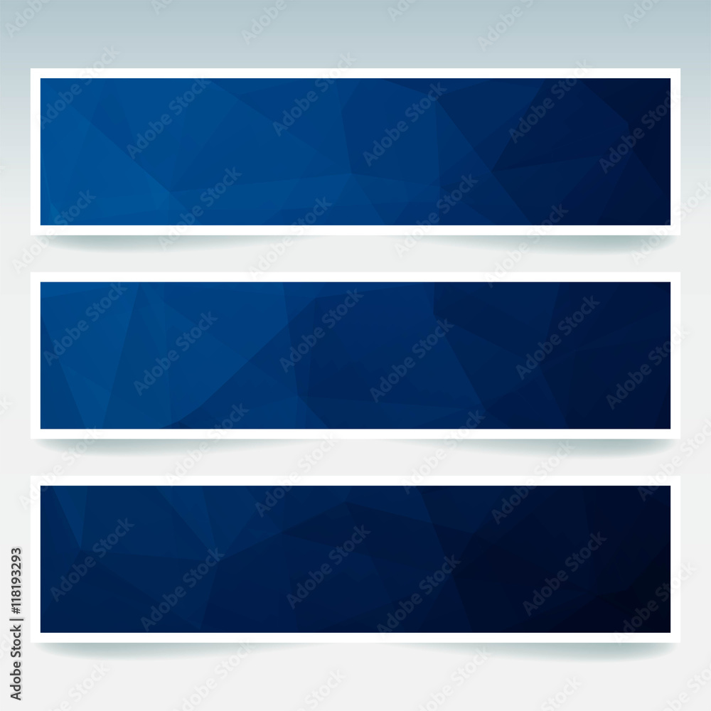 Vector banners set with polygonal abstract  blue triangles.