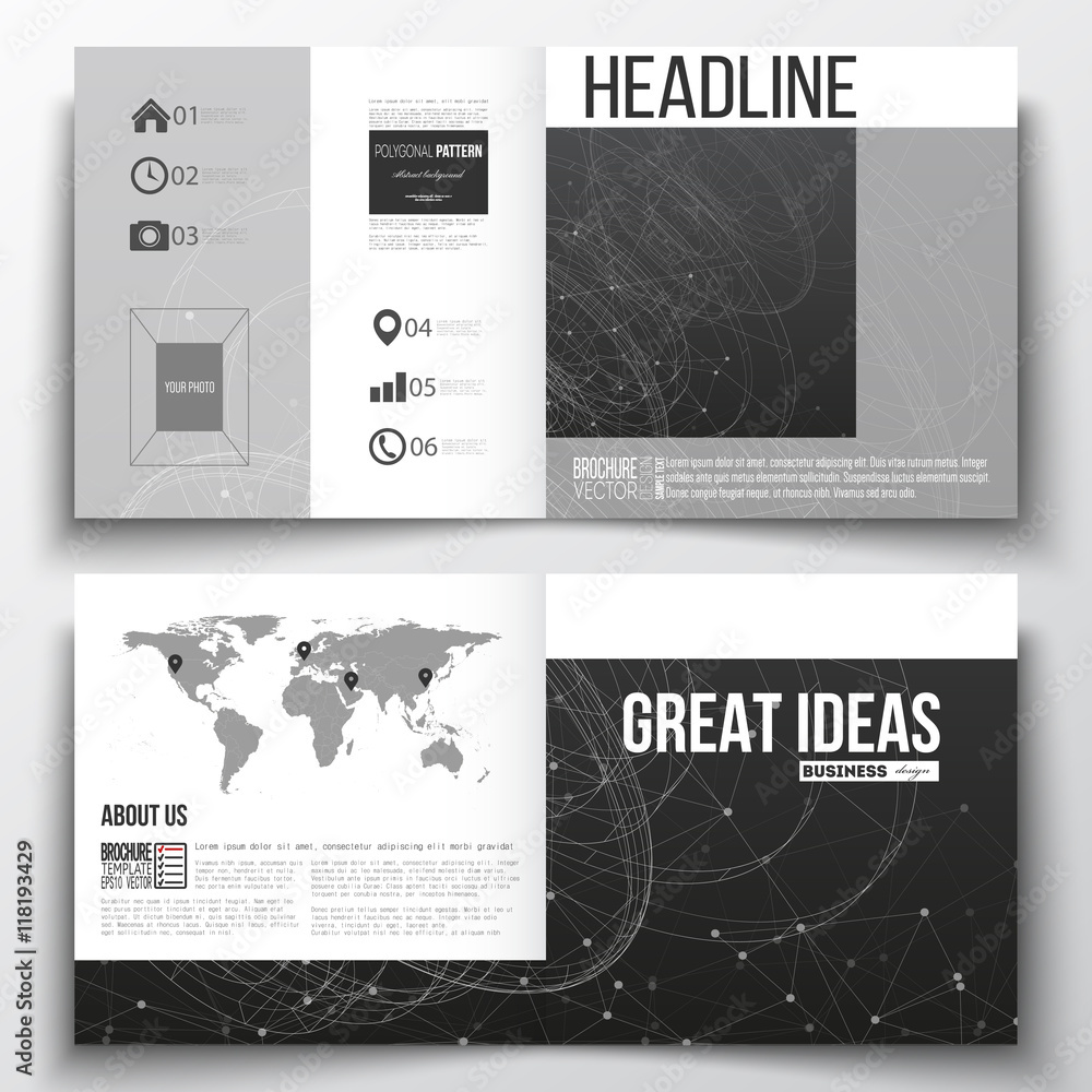 Obraz premium Set of annual report business templates for brochure, magazine, flyer or booklet. Molecular construction with connected lines and dots, scientific pattern on black background.