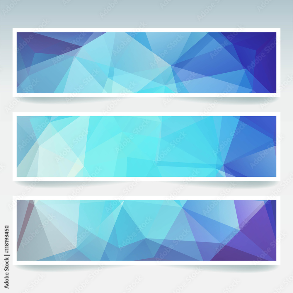 Vector blue banners set with polygonal abstract triangles. 