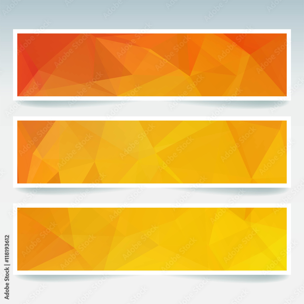 Vector banners set with polygonal abstract orange triangles. 