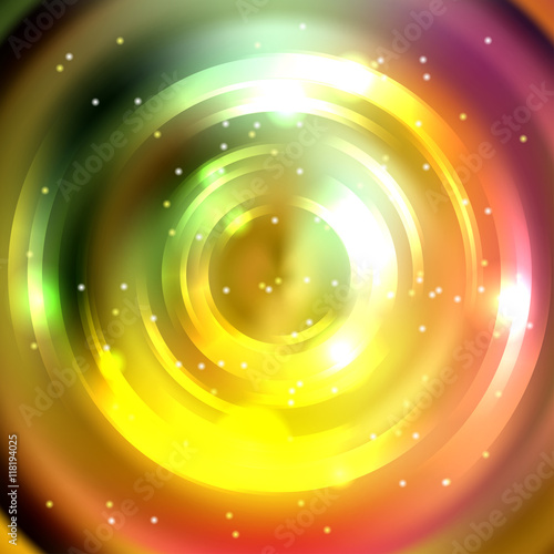 Vector round frame. Shining circle banner. Glowing spiral. Yellow, green, orange colors