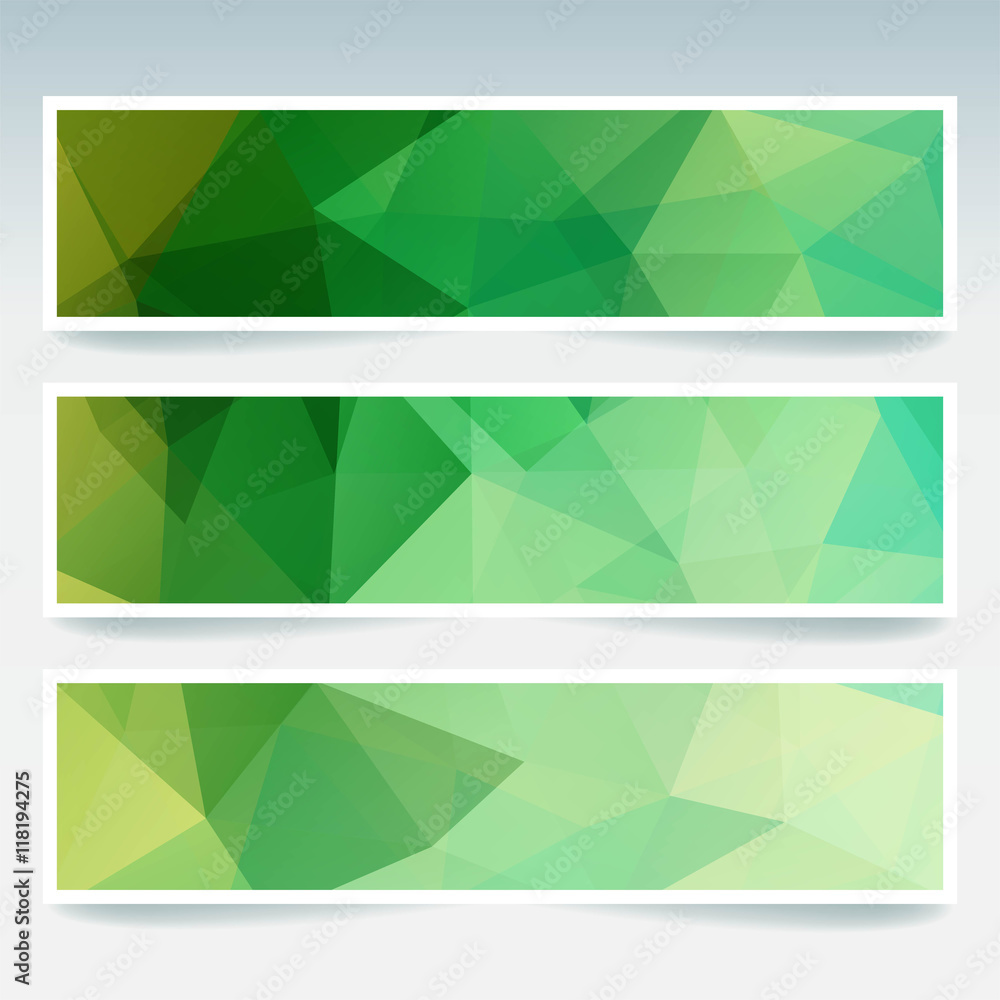 Vector set with green polygonal triangles. Abstract low poly banners. Vector set with green polygonal triangles. Abstract low poly banners.