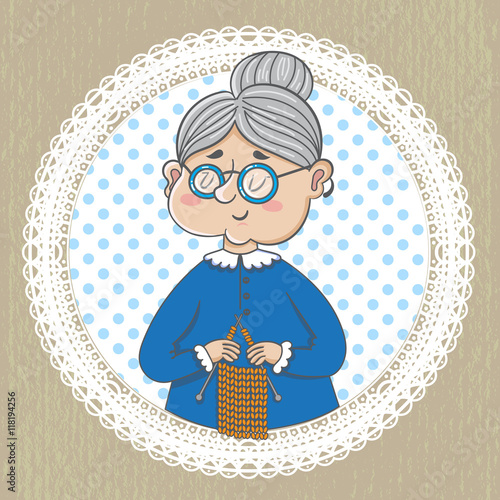 funny illustration. Cute grandmother with with  knitting
