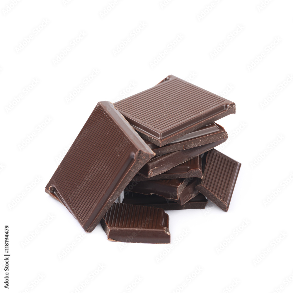 Pile of chocolate bar pieces isolated Pile of chocolate bar pieces isolated