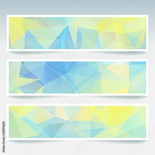 Set with abstract background. Modern vector banners with polygonal triangles. Yellow, blue color