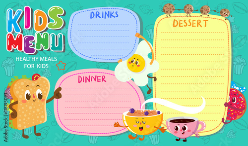 vector template. Funny and cute colorful kids menu with funny food

