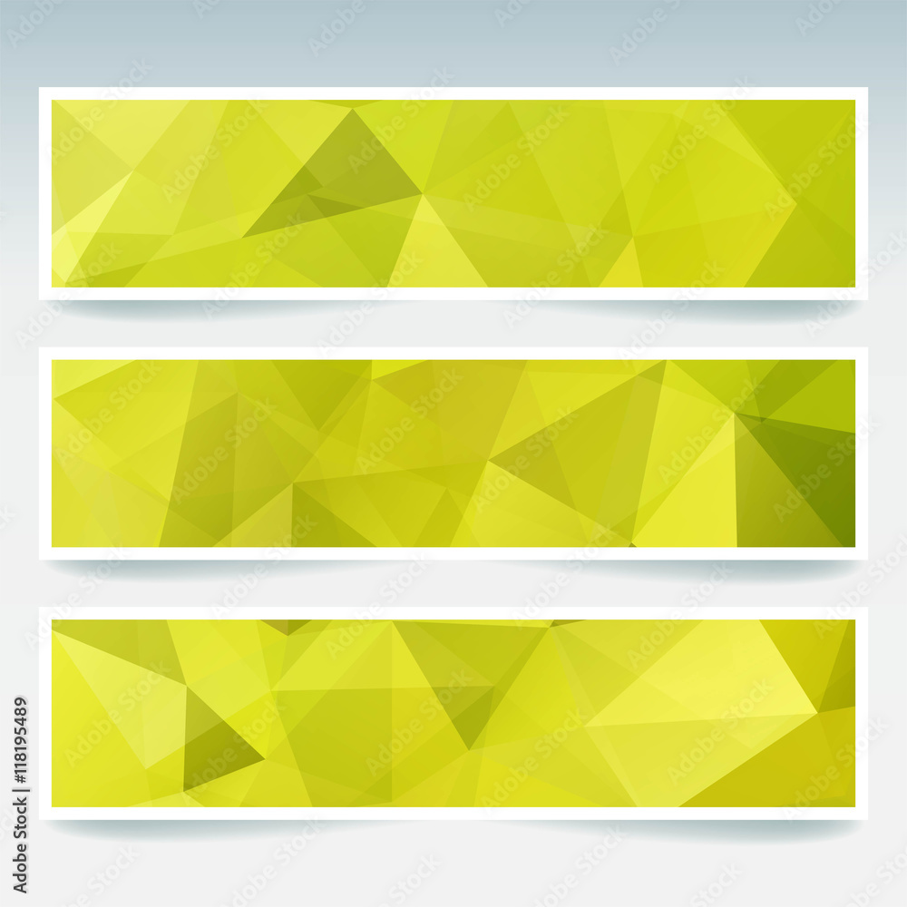 Horizontal banners set with polygonal triangles. Polygon yellow background