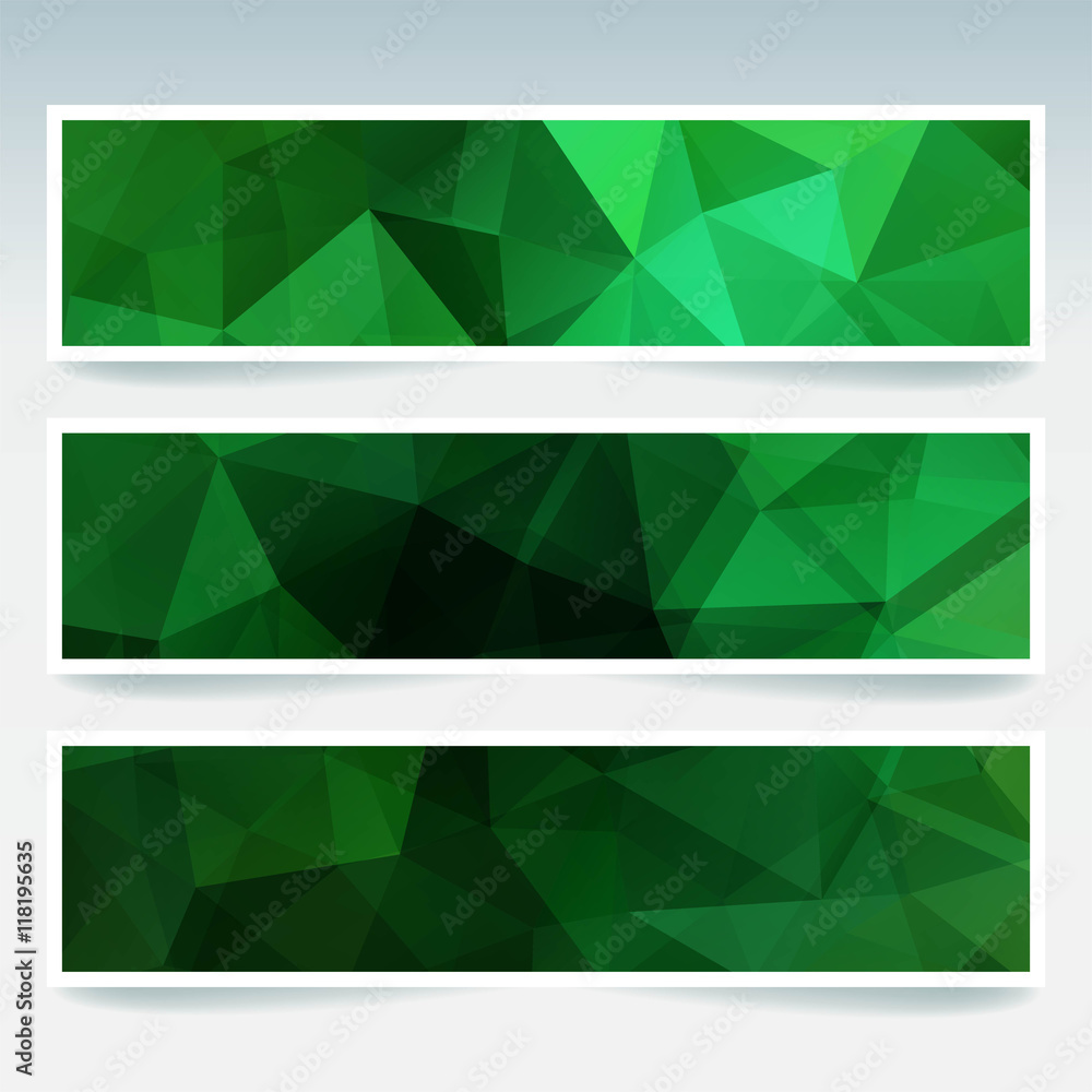 Horizontal banners set with polygonal triangles. Polygon green banners