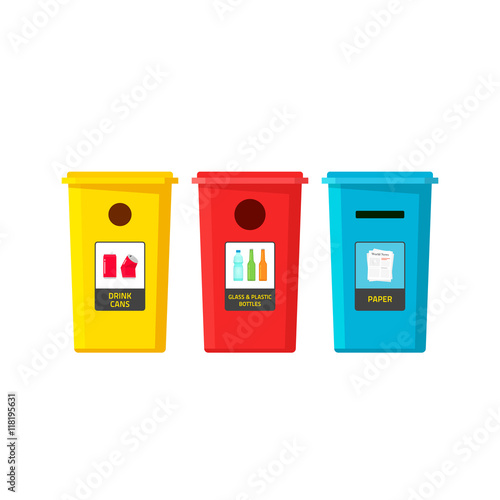 Recycle bins vector isolated on white, flat cartoon recycling trash containers for separate type of garbage