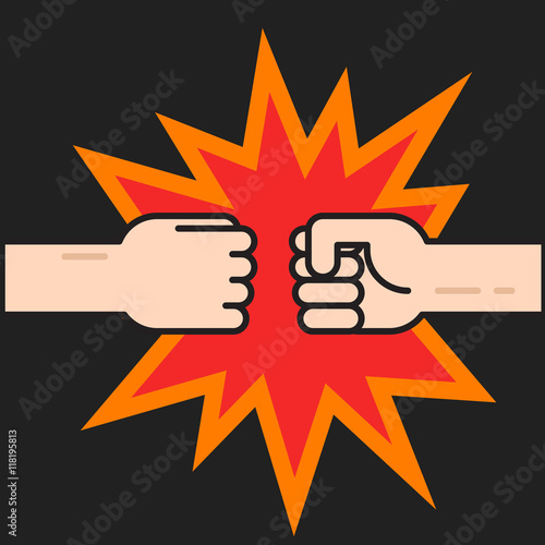 Two fists bumping together vector illustration, two hands with fists in air punching, concept of fight, strength cartoon gesture on black background, flat thin line outline design