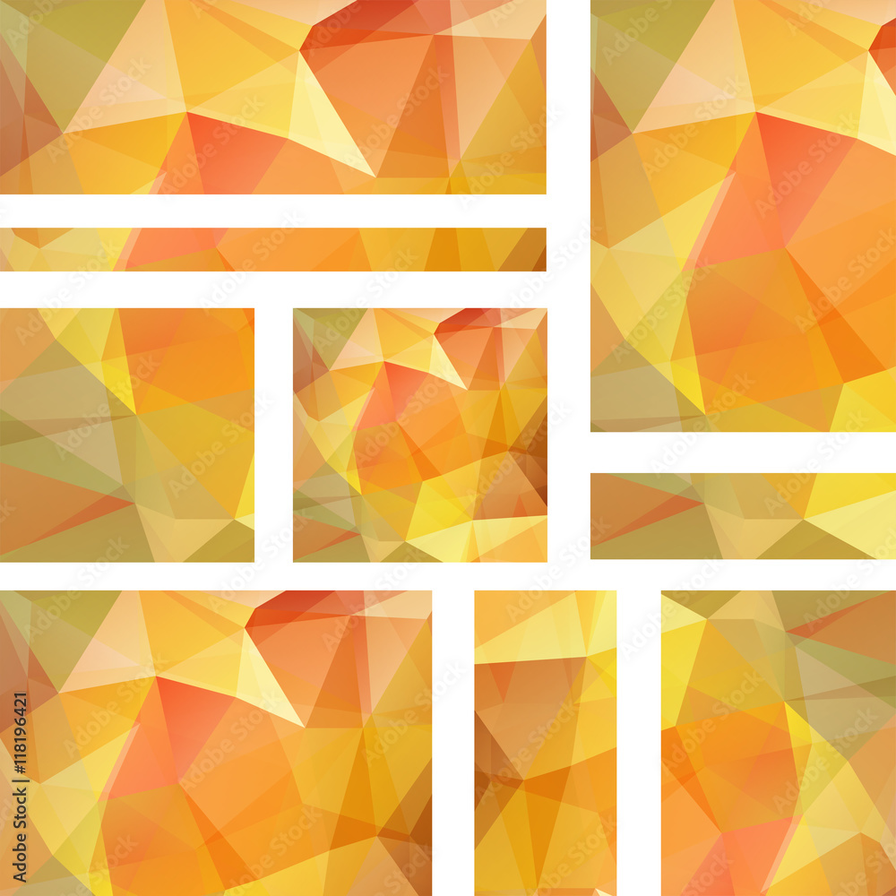 Vector banners set with polygonal abstract orange triangles. 