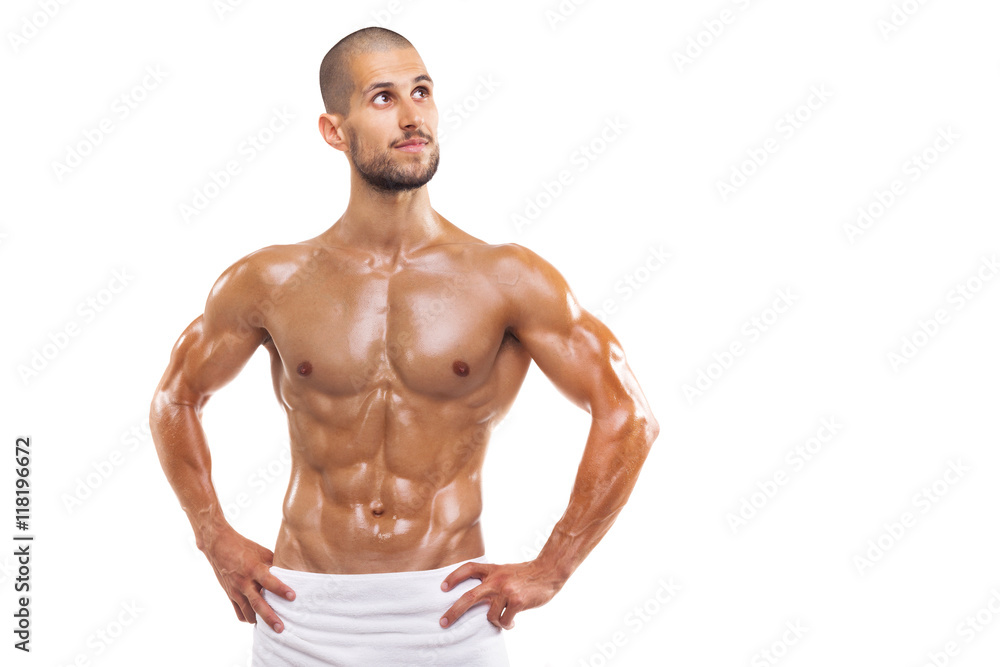 Handsome man in towel, isolated on white background Handsome man in towel, isolated on white background