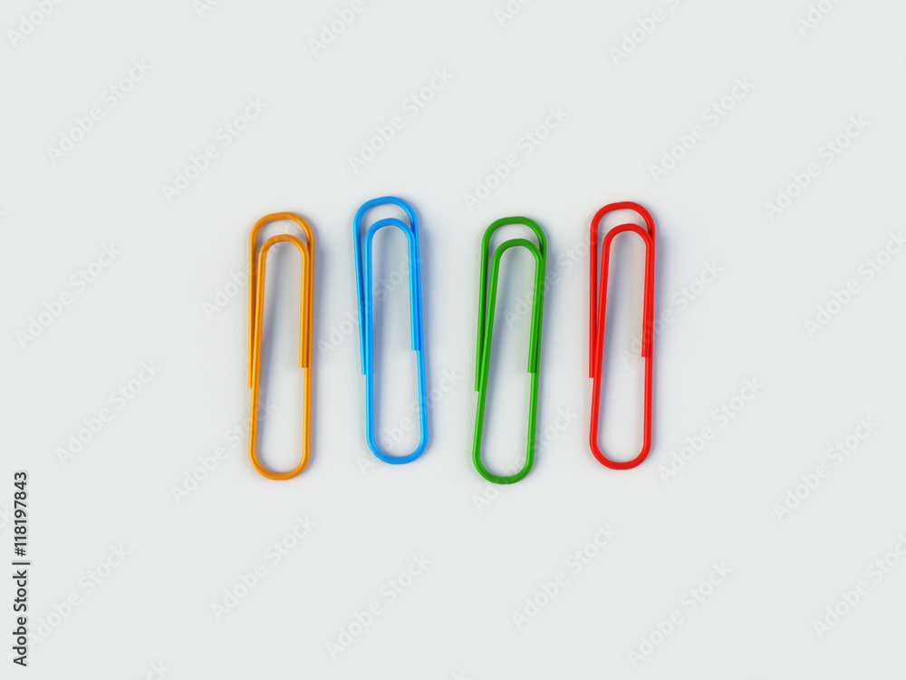 Four Colorful paper clips on a white background 3d rendering Four Colorful paper clips on a white background 3d rendering
