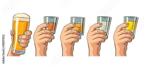 Male hand holding a glasses with beer, tequila, vodka, rum, whiskey and ice cubes.