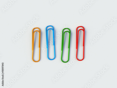 Four Colorful paper clips on a white background 3d rendering