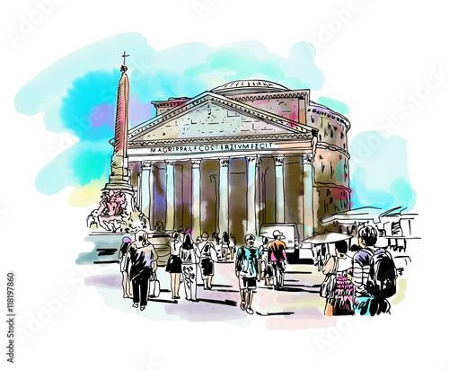 watercolor travel card from Rome Italy, old italian imperial bui