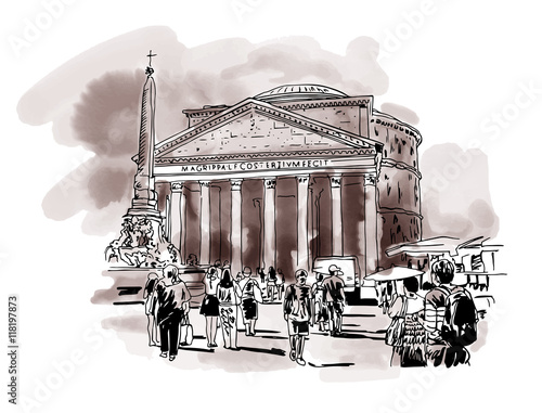 original freehand watercolor sepia travel card from Rome Italy