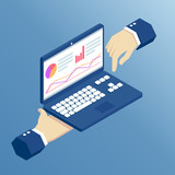 business concept web analytics isometric design, hands holding laptop with graphs and charts on the screen