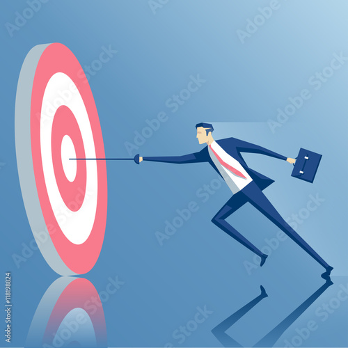 businessman with a rapier hits the center of the target, the employee runs with a sword to the target, business concept success and goal