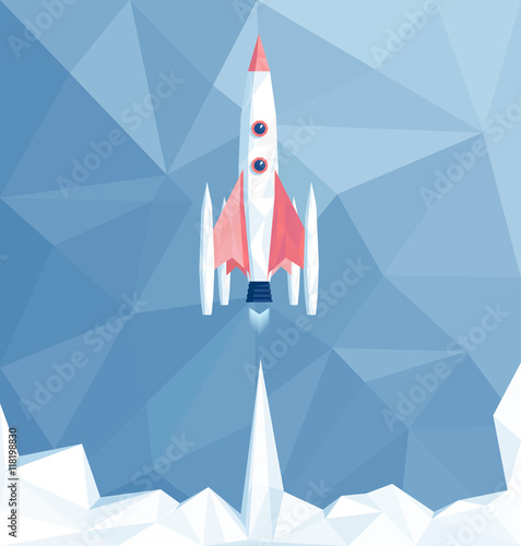 Launch polygonal spaceship in polygonal sky, rocket start low poly illustration, business startup concept
