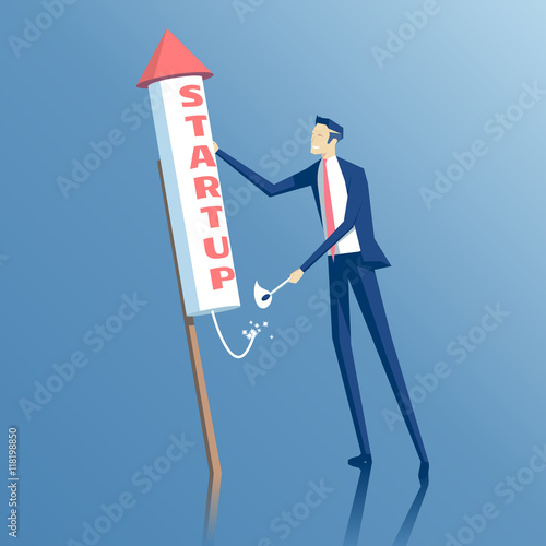 business startup project concept, businessman launching firework rocket vector illustration