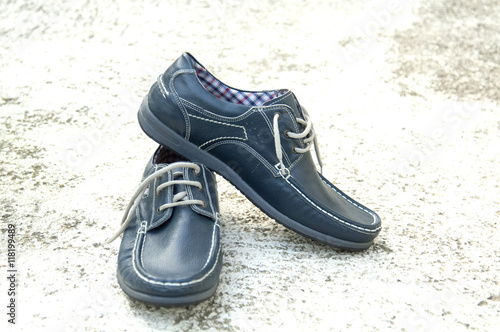Pair of stylish blue man shoes. Beauty and fashion. .