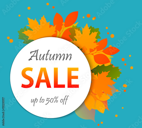 Autumn sale banners isolated on blue background. Colorful leaves. Save up to 50%. Vector illustration