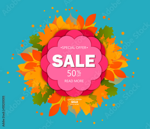 Autumn sale banners isolated on blue background. Colorful leaves. Save up to 50%. Vector illustration