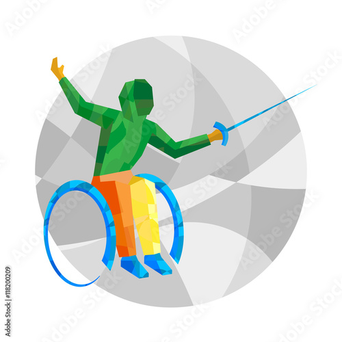 Physically disabled fencer. 2016 International Games flat sport signs. Fencing - vector clip art.