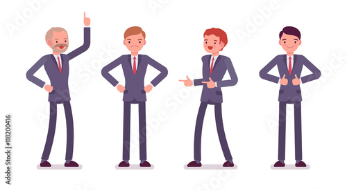 Set of four business male characters. Finger up, akimbo, gun, thumb up. Men are in a formal wear. The set of characters isolated against the white background. Cartoon vector flat-style illustration