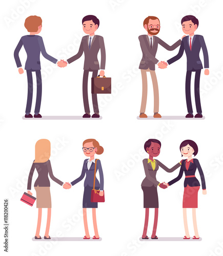 Set of four pairs handshaking. Men and women are in a formal wear. The set of characters isolated against the white background. Cartoon vector flat-style business illustration