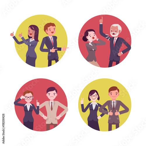 Set of four business scences. Office workers in gun poses, quarelling, positive, strict. Cartoon vector flat-style concept illustration