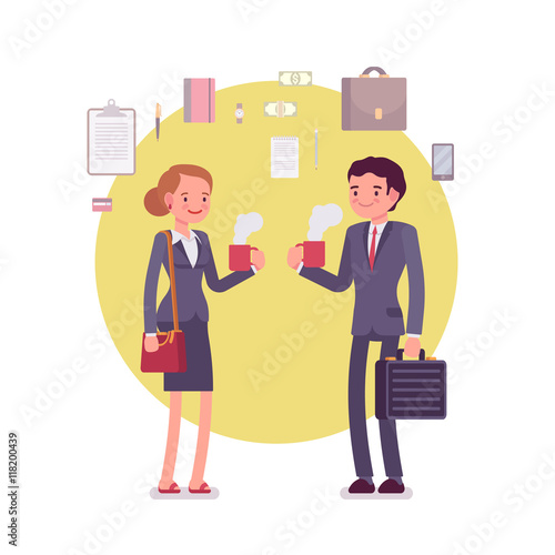 Office workers drinking coffee. Business items around. Man and woman are in a formal wear. Cartoon vector flat-style concept illustration