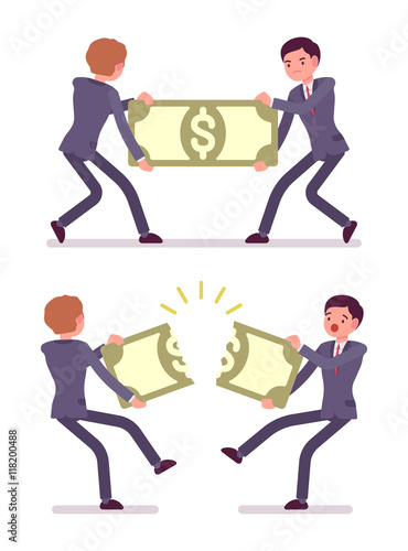 Businessmen are pulling and tearing a papernote. Cartoon vector flat-style concept illustration