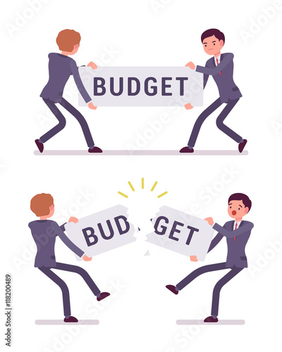 Businessmen are pulling and tearing a word budget. Cartoon vector flat-style concept illustration