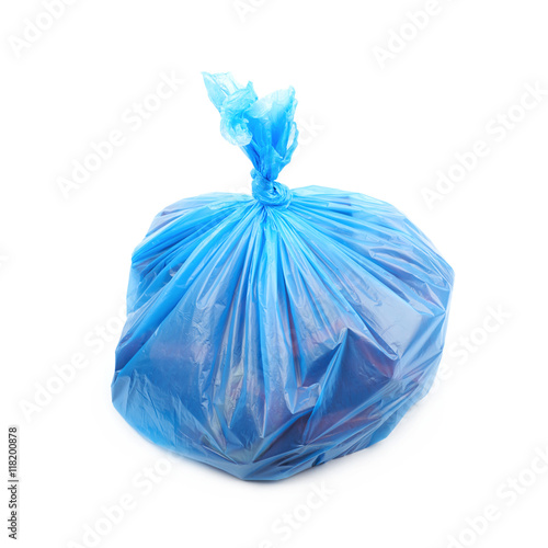 Blue plastic garbage bag isolated