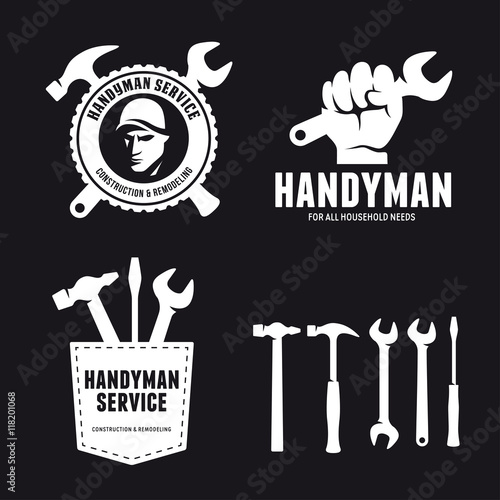 Handyman labels badges emblems and design elements. Carpentry related vector vintage illustration.