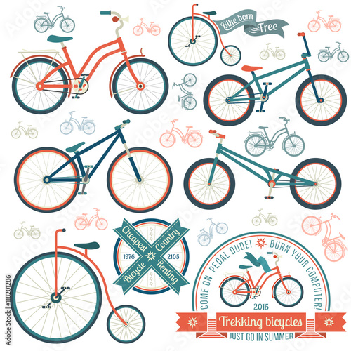 Bicycles of various types - trekking, vintage, street, MTB, bmx. Vintage logo with a bicycle.