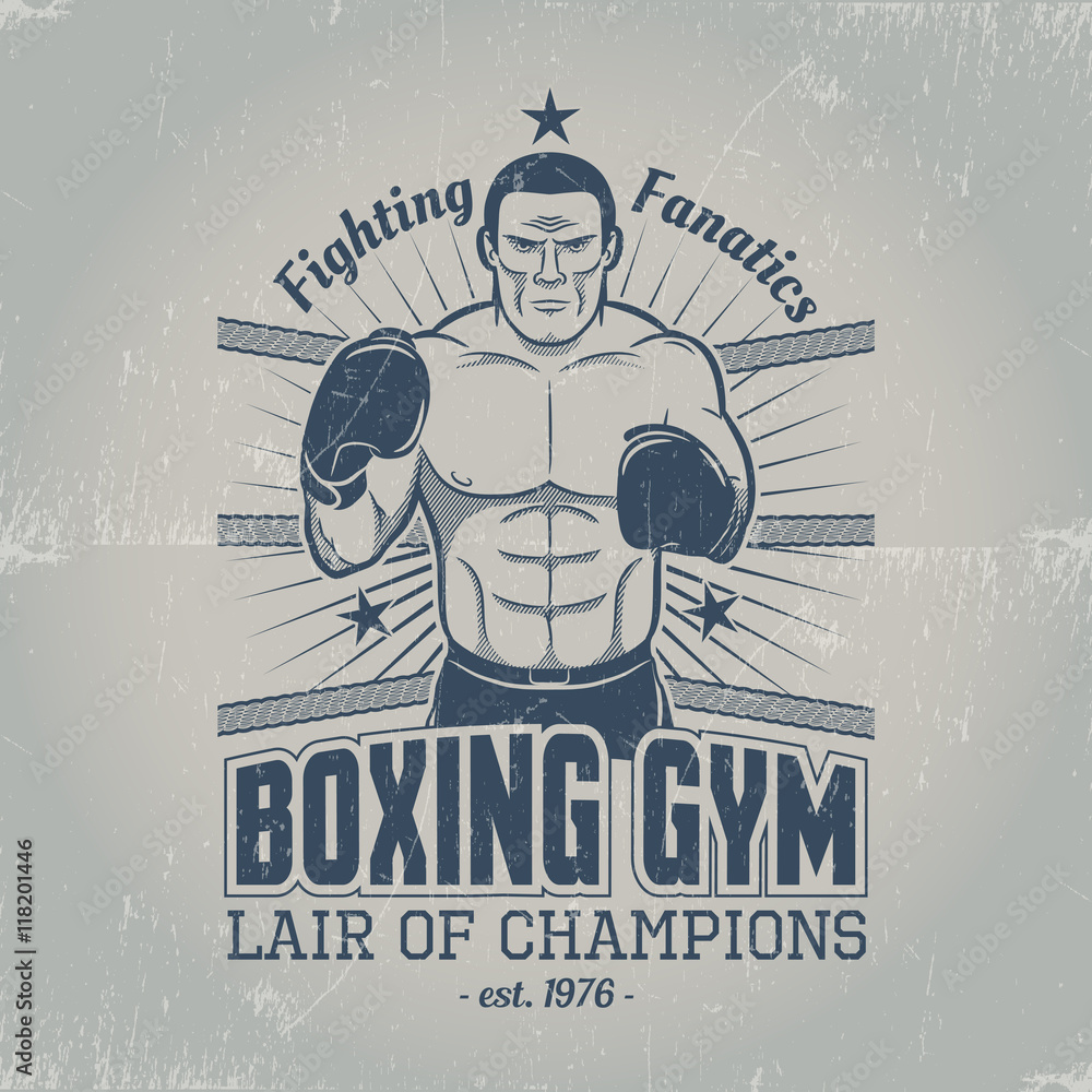 Boxing gym logo in old school style. Emblem with a boxer in the ring in  grungy style. Scratches are grouped separately. Stock Vector | Adobe Stock