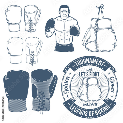 Boxing gloves, boxer, boxing logos. Boxing attributes  in retro style. Hanging boxing gloves.
