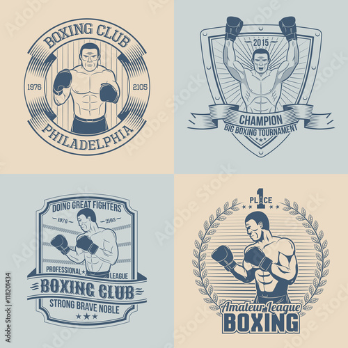 Emblems on the theme boxing - round, triangular, rectangular. Sports logos with boxer.
