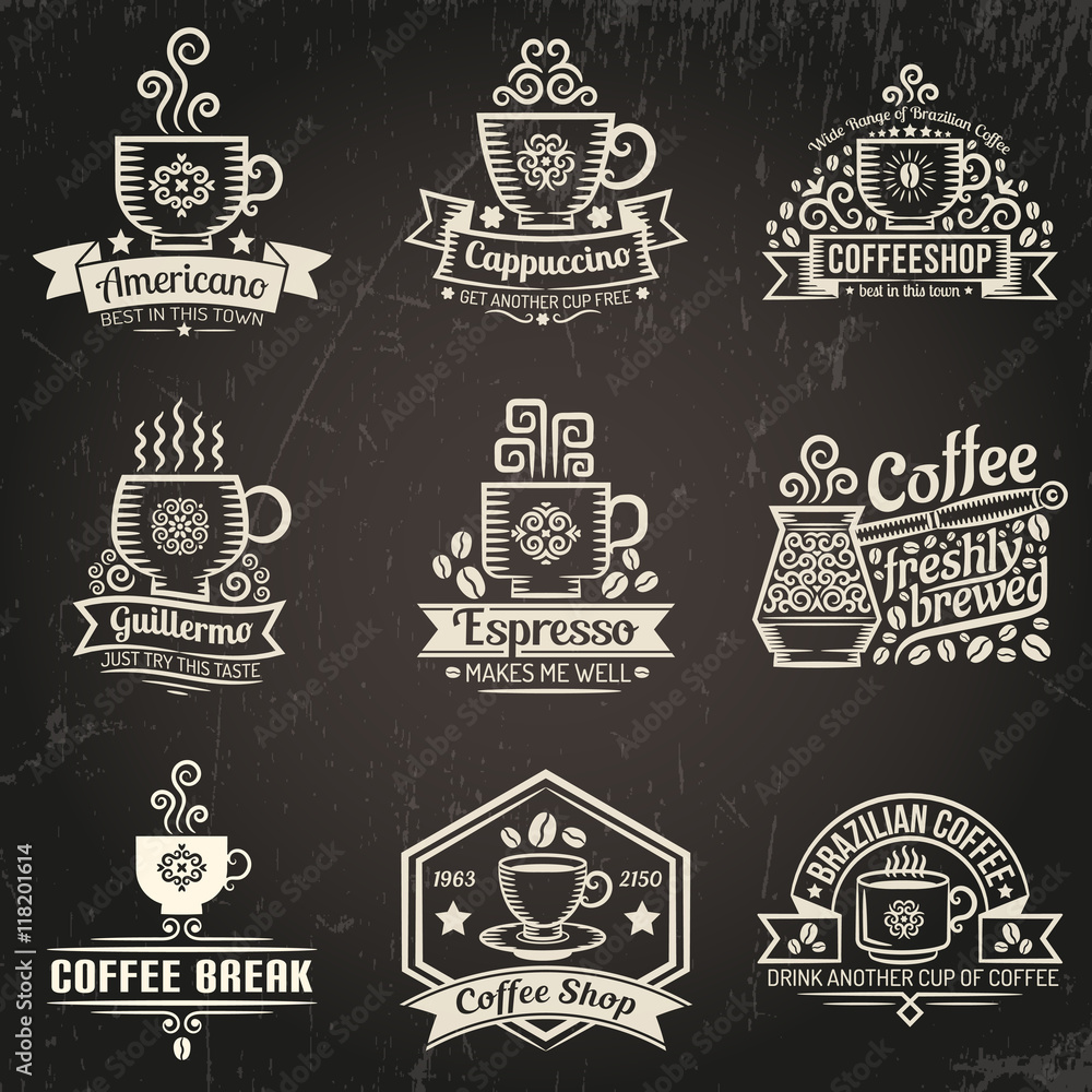 Fototapeta premium Coffee logos. Emblems for coffee shop in vintage style. Cup of coffee. Grunge texture grouped separately and is easily removed.