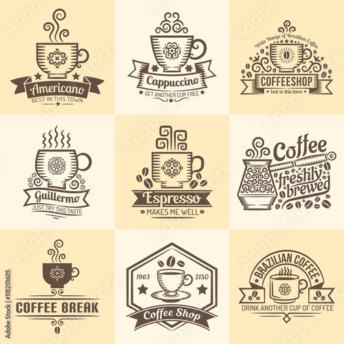 Vintage emblems for coffeehouse. Logos with a mug of coffee in retro style.