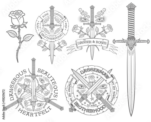 Fototapet Retro emblem with a dagger and rose