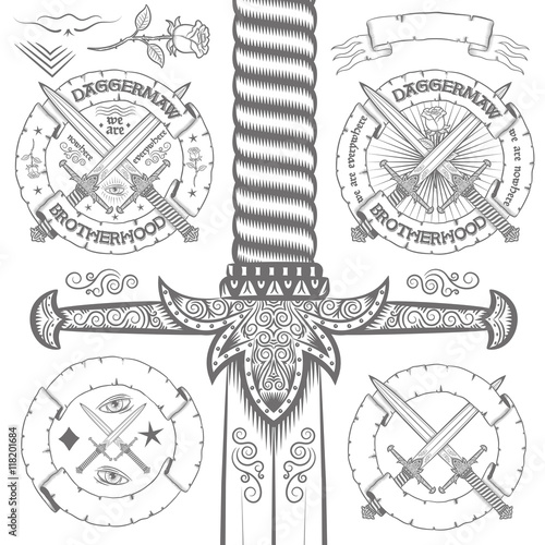 Vintage logo design with ornate daggers. Set of elements for retro emblem with daggers, roses, ribbons. Big dagger possible to pull out entirely from the clipping mask.