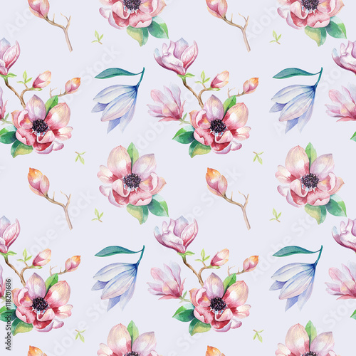 Watercolor seamless wallpaper with  magnolia flowers  leaves.