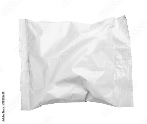 Top view of blank crumpled plastic pouch food packaging isolated on white