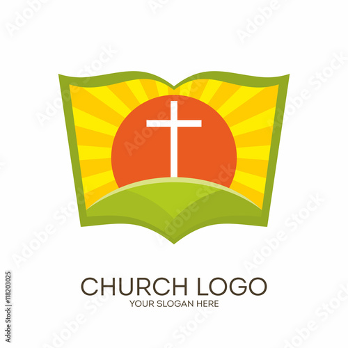 Church logo. Christian symbols. Bible, sun and cross.