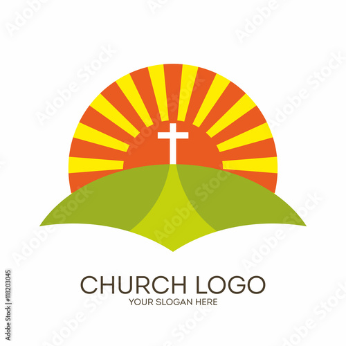 Church logo. Christian symbols. Bible, sun and cross.